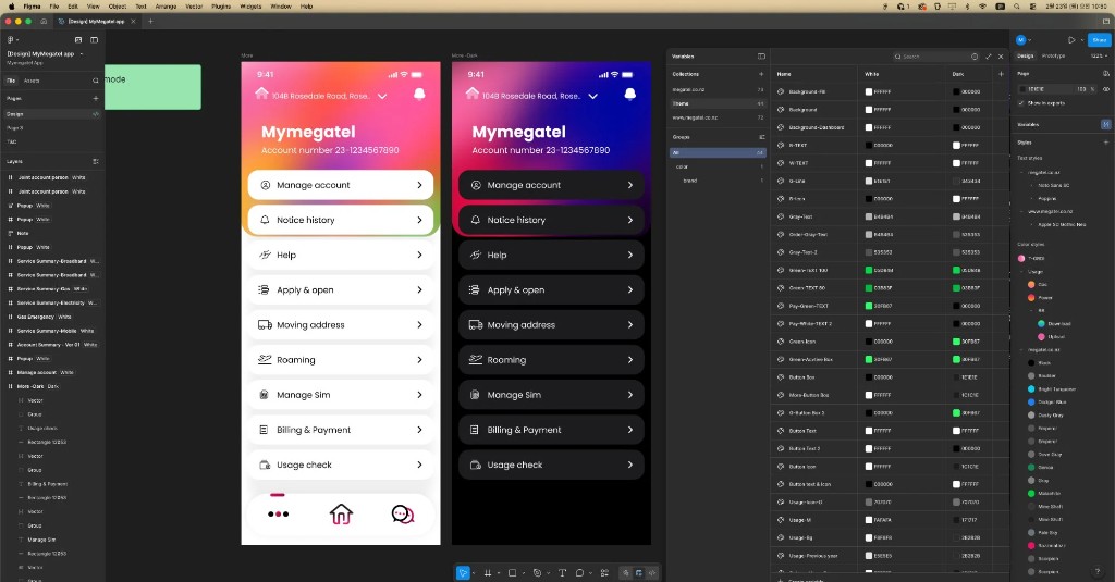 Figma design system — Mymegatel light/dark screens and color variables